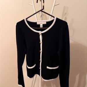 Black Cardigan with White Trim and Gold Buttons - Women's Sweater